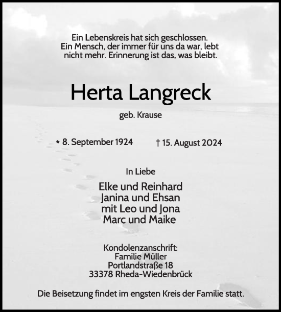 Traueranzeige von Herta Langreck von Die Glocke