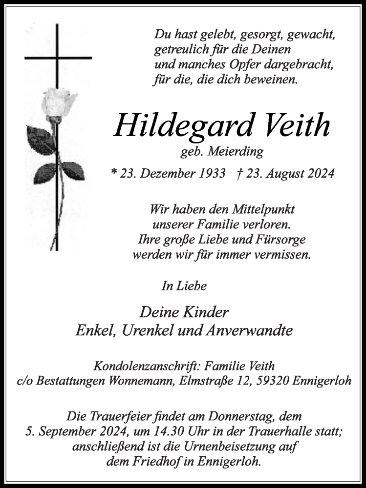  Traueranzeige für Hildegard Veith vom 31.08.2024 aus Die Glocke