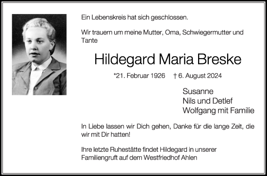 Traueranzeige von Hildegard Maria Breske von Die Glocke