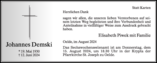 Traueranzeige von Johannes Demski von Die Glocke