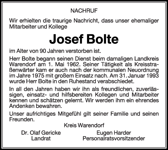 Traueranzeige von Josef Bolte von Die Glocke