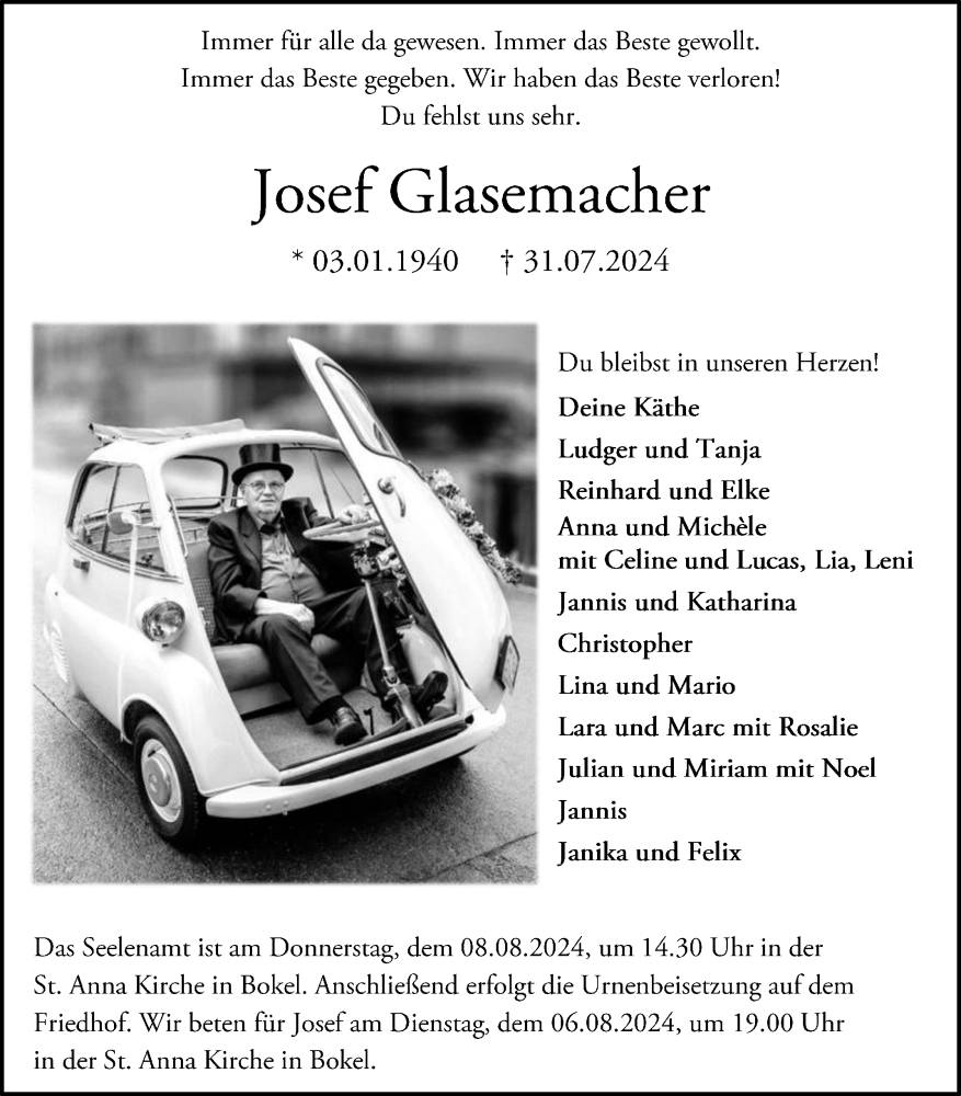  Traueranzeige für Josef Glasemacher vom 03.08.2024 aus Die Glocke