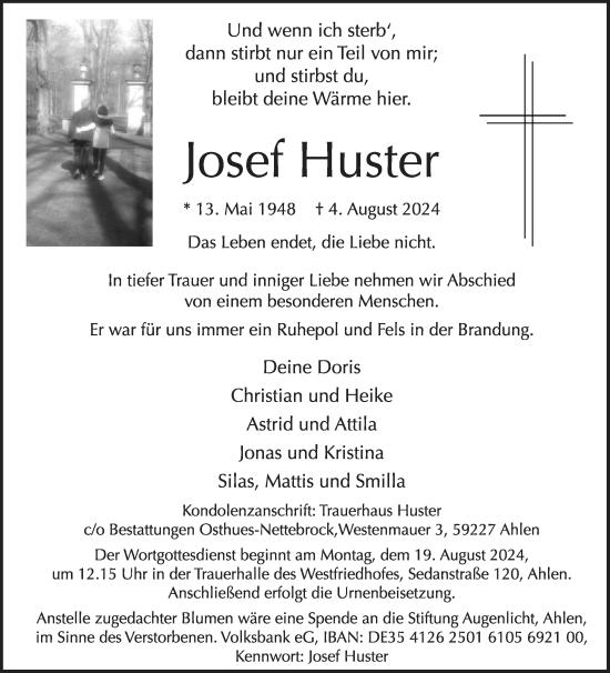 Traueranzeige von Josef Huster von Die Glocke