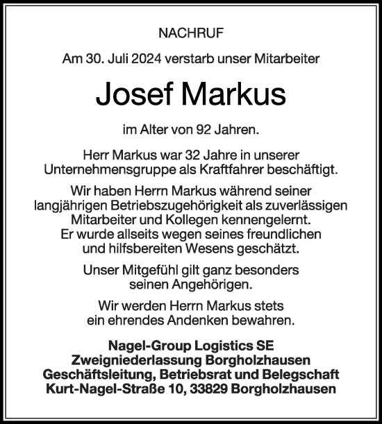 Traueranzeige von Josef Markus von Die Glocke