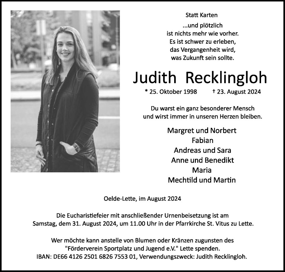  Traueranzeige für Judith Recklingloh vom 28.08.2024 aus Die Glocke