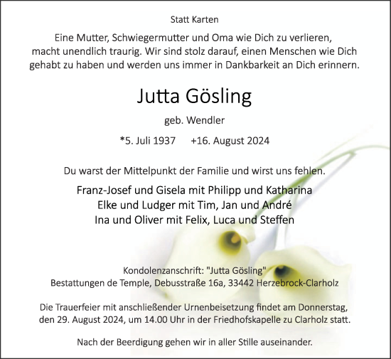 Traueranzeige von Jutta Gösling von Die Glocke