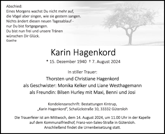 Traueranzeige von Karin Hagenkord von Die Glocke