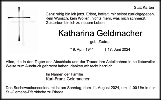 Traueranzeige von Katharina Geldmacher von Die Glocke