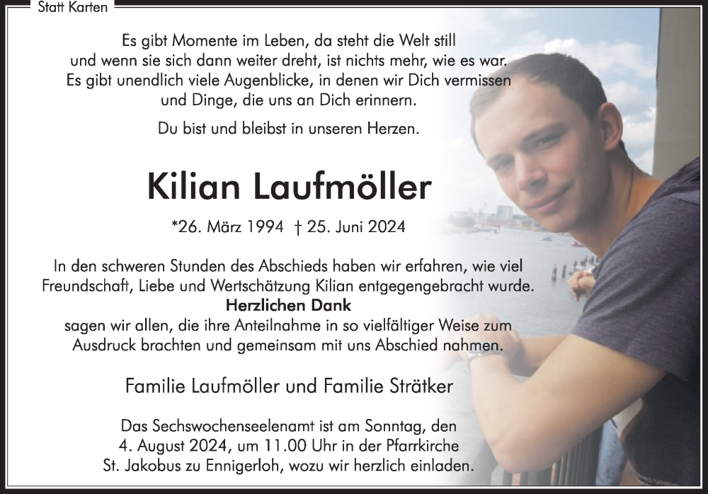  Traueranzeige für Kilian Laufmöller vom 03.08.2024 aus Die Glocke