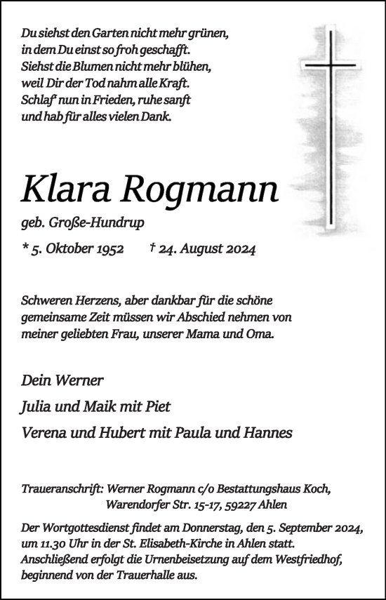 Traueranzeige von Klara Rogmann von Die Glocke