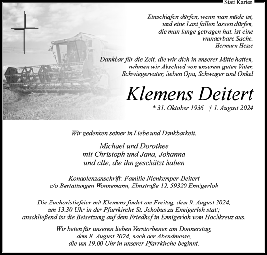 Traueranzeige von Klemens Deitert von Die Glocke