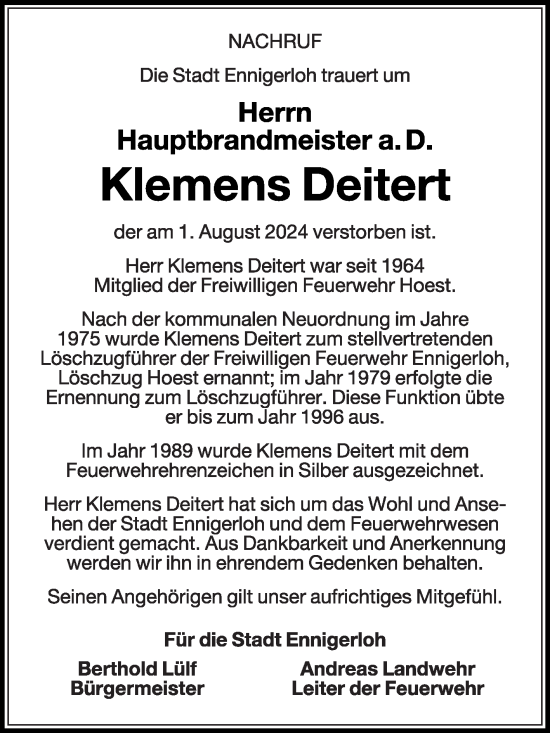 Traueranzeige von Klemens Deitert von Die Glocke