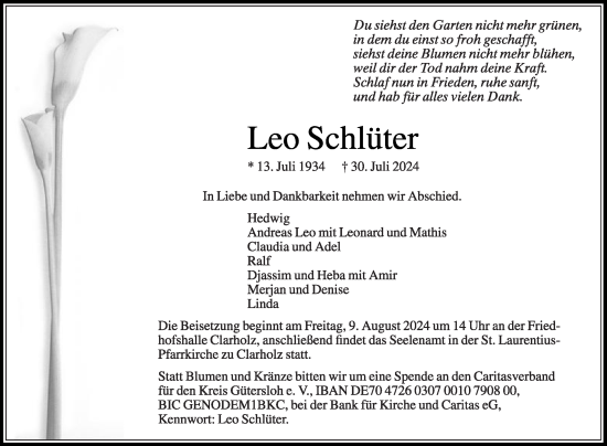 Traueranzeige von Leo Schlüter von Die Glocke