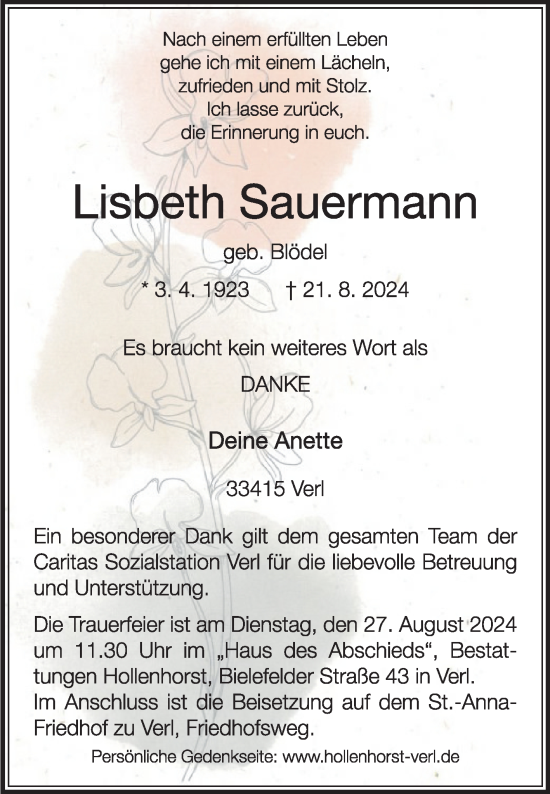 Traueranzeige von Lisbeth Sauermann von Die Glocke