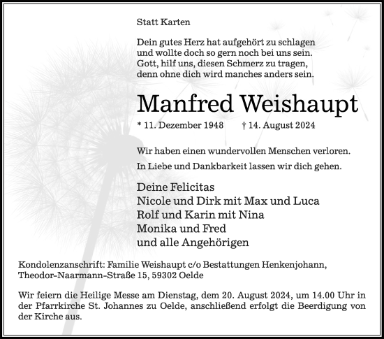 Traueranzeige von Manfred Weishaupt von Die Glocke