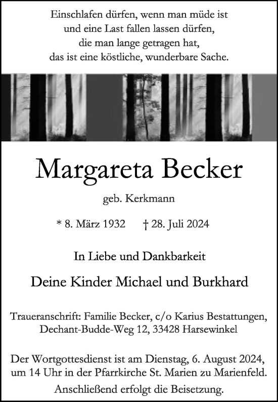 Traueranzeige von Margareta Becker von Die Glocke