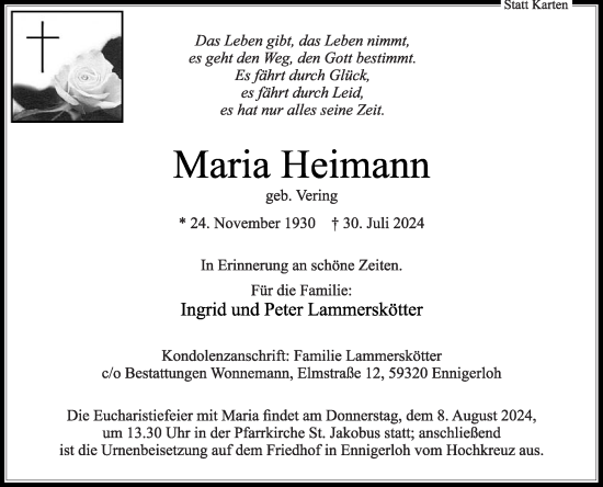 Traueranzeige von Maria Heimann von Die Glocke