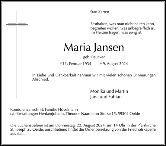 Traueranzeige von Maria Jansen von Die Glocke