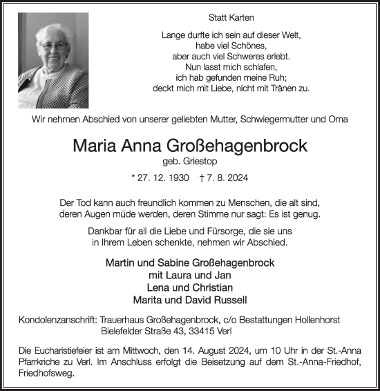 Traueranzeige von Maria Anna Großehagenbrock von Die Glocke