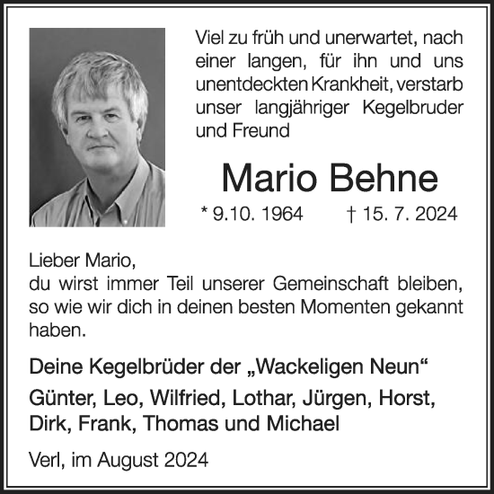 Traueranzeige von Mario Behne von Die Glocke