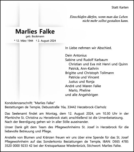 Traueranzeige von Marlies Falke von Die Glocke