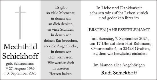 Traueranzeige von Mechthild Schickhoff von Die Glocke