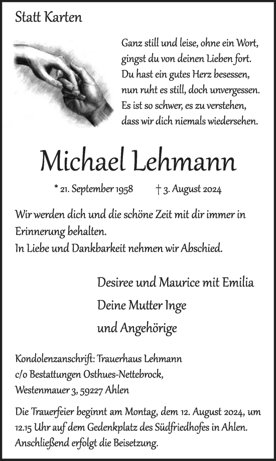 Traueranzeige von Michael Lehmann von Die Glocke