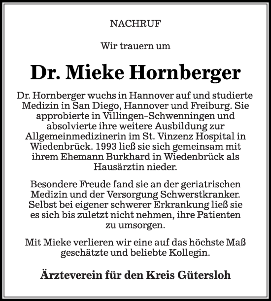 Traueranzeige von Mieke Hornberger von Die Glocke