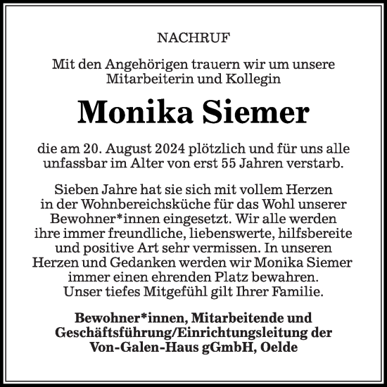 Traueranzeige von Monika Siemer von Die Glocke