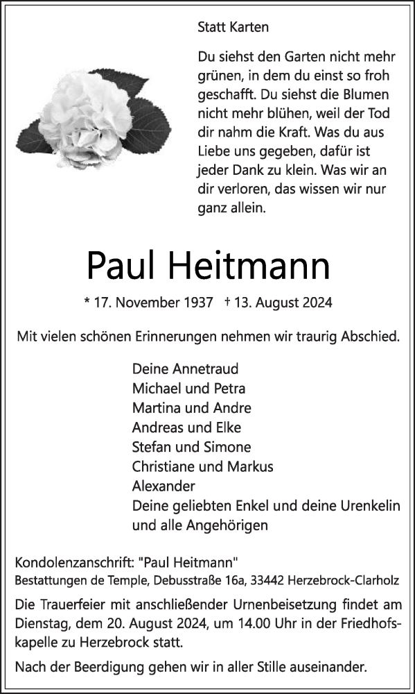  Traueranzeige für Paul Heitmann vom 17.08.2024 aus Die Glocke