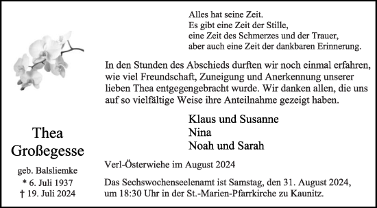 Traueranzeige von Thea Großegesse von Die Glocke