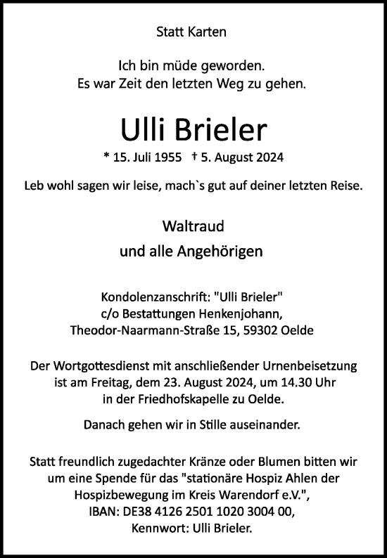 Traueranzeige von Ulli Brieler von Die Glocke