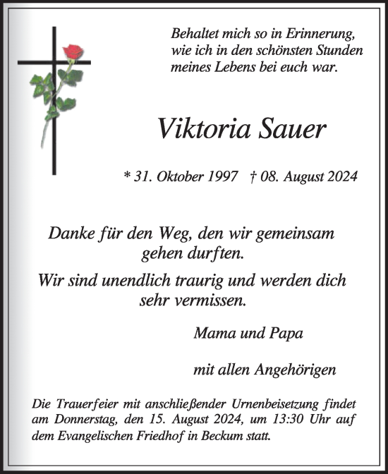 Traueranzeige von Viktoria Sauer von Die Glocke