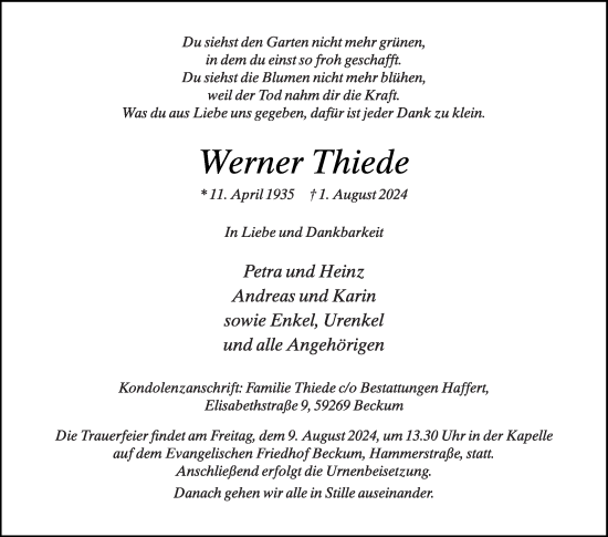 Traueranzeige von Werner Thiede von Die Glocke