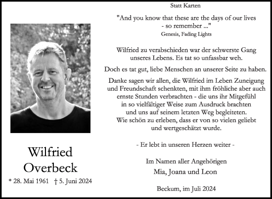Traueranzeige von Wilfried Overbeck von Die Glocke