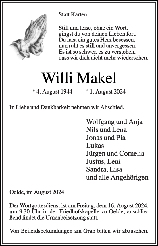 Traueranzeige von Willi Makel von Die Glocke