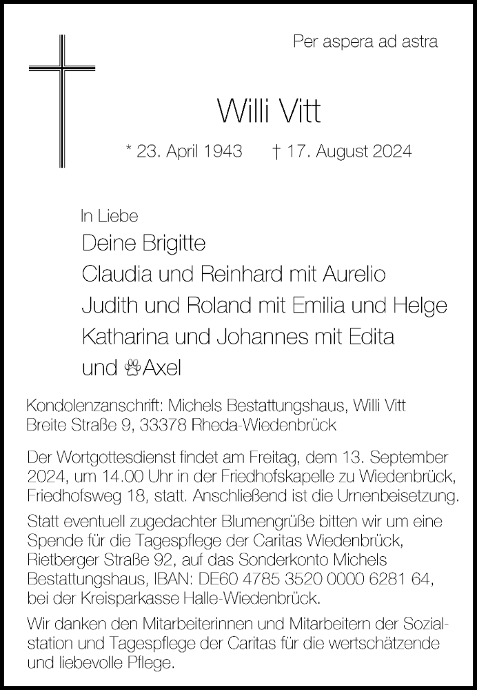  Traueranzeige für Willi Vitt vom 31.08.2024 aus Die Glocke