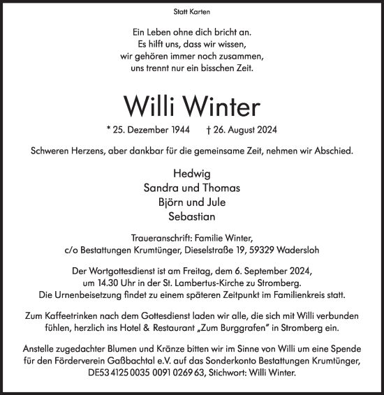 Traueranzeige von Willi Winter von Die Glocke