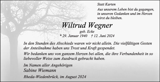 Traueranzeige von Wiltrud Wegner von Die Glocke