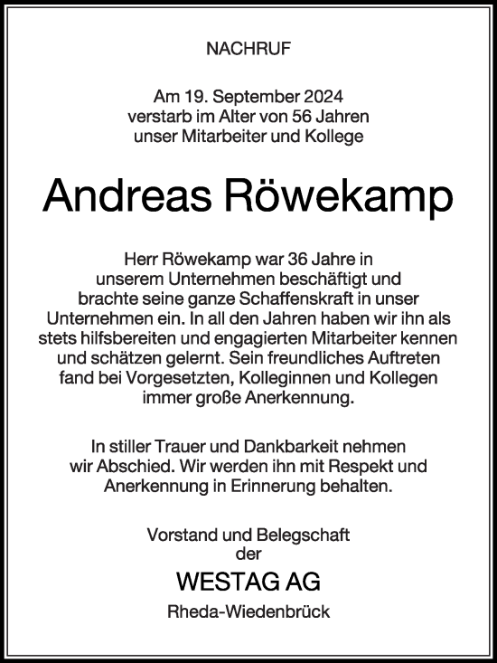 Traueranzeige von Andreas Röwekamp von Die Glocke