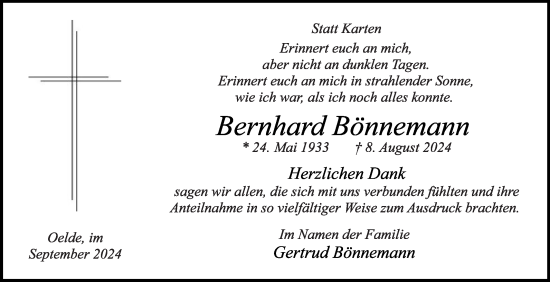 Traueranzeige von Bernhard Bönnemann von Die Glocke