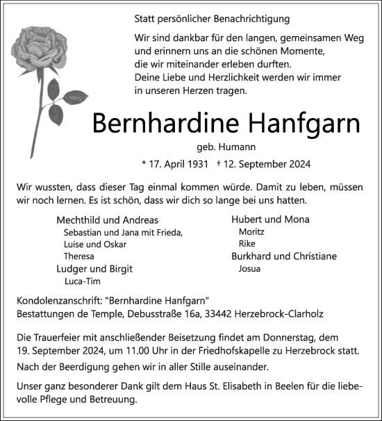 Traueranzeige von Bernhardine Hanfgarn von Die Glocke