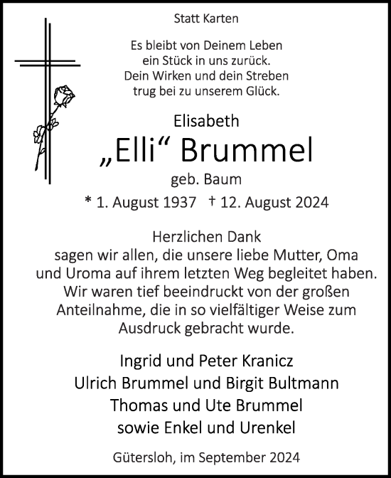 Traueranzeige von Elisabeth Brummel von Die Glocke