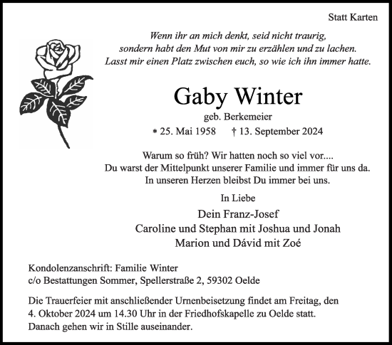 Traueranzeige von Gaby Winter von Die Glocke