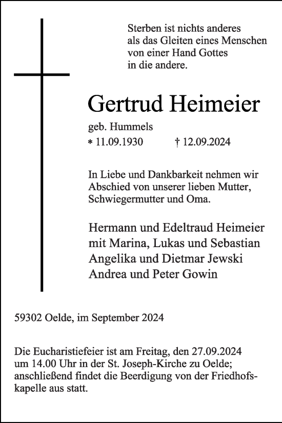 Traueranzeige von Gertrud Heimeier von Die Glocke