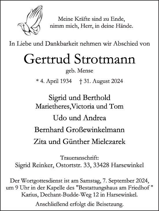 Traueranzeige von Gertrud Strotmann von Die Glocke