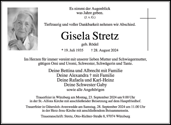 Traueranzeige von Gisela Stretz von Die Glocke