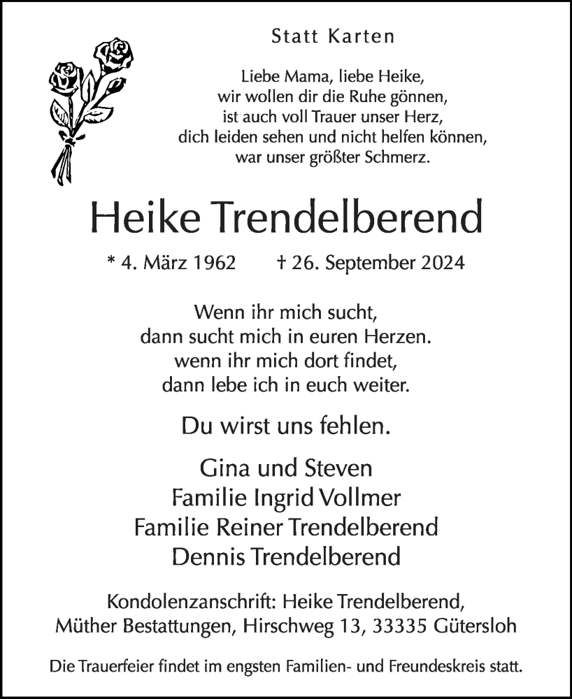  Traueranzeige für Heike Trendelberend vom 28.09.2024 aus Die Glocke