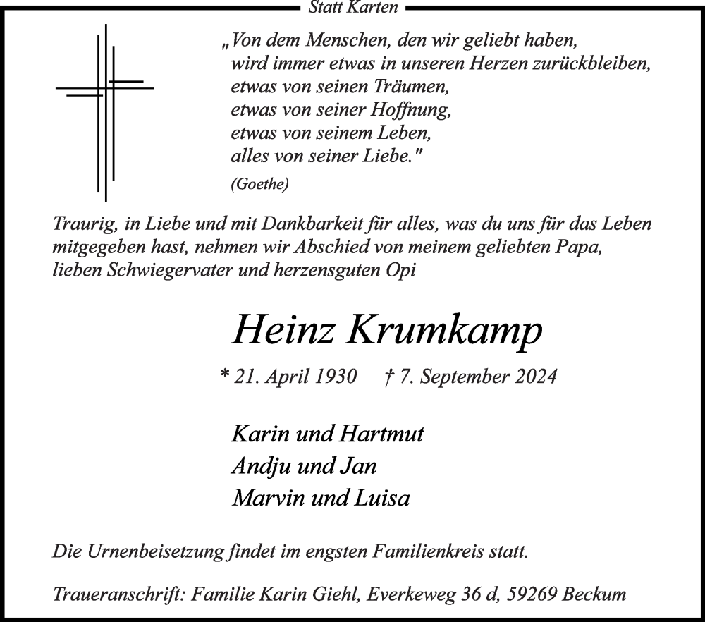  Traueranzeige für Heinz Krumkamp vom 21.09.2024 aus Die Glocke