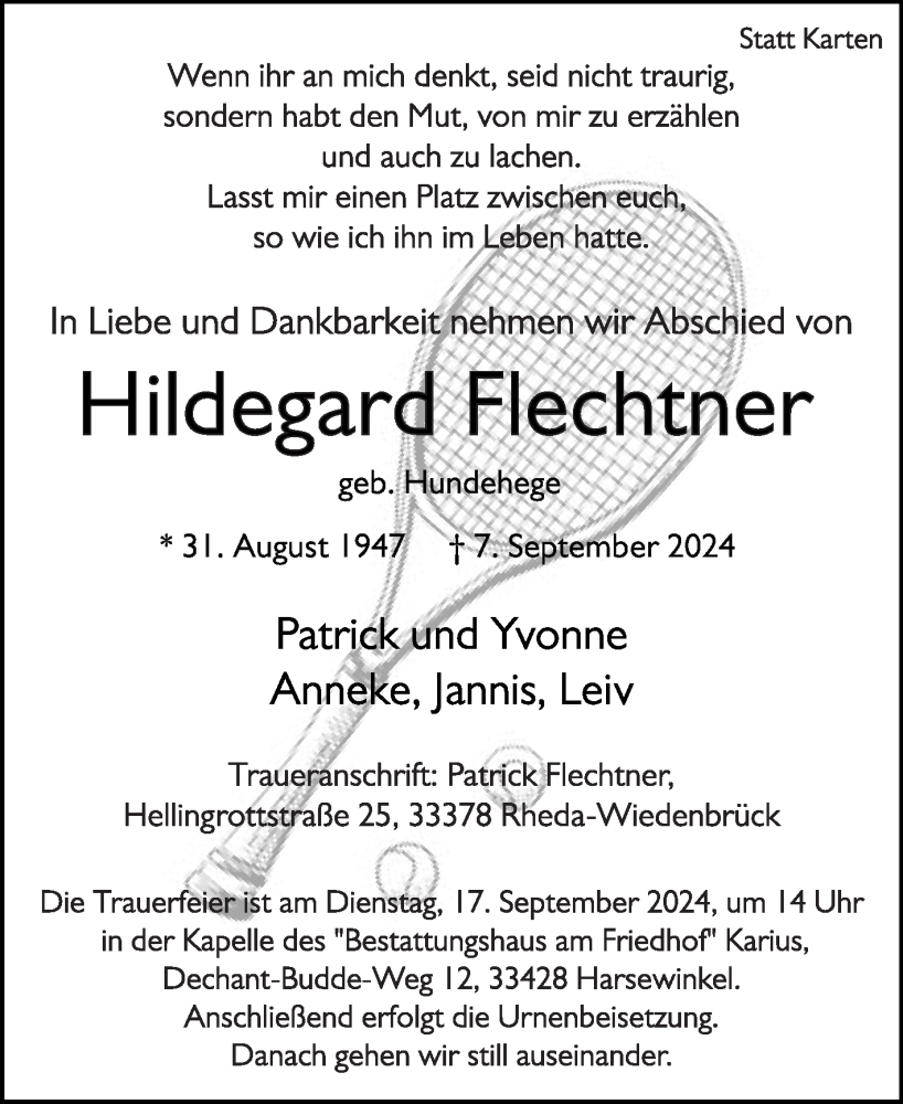  Traueranzeige für Hildegard Flechtner vom 14.09.2024 aus Die Glocke